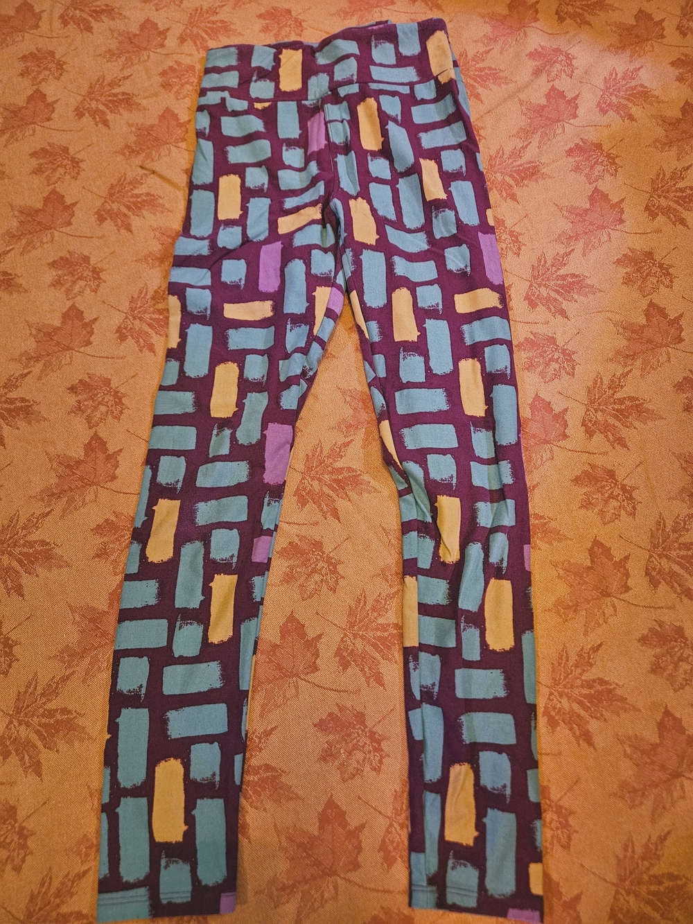 LuLaRoe Girls' Purple Leggings with Teal and Yellow Brushstroke Blocks